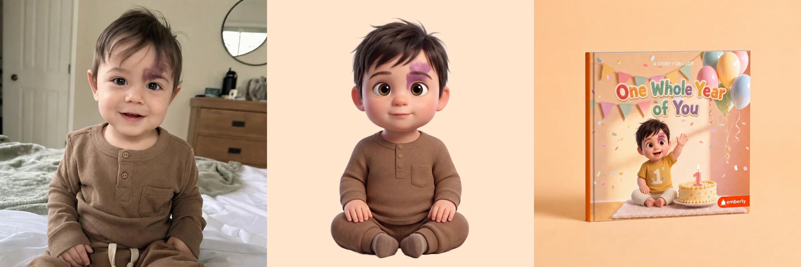 Photo to character to book - Luca - Three-panel composite, One Whole Year of You