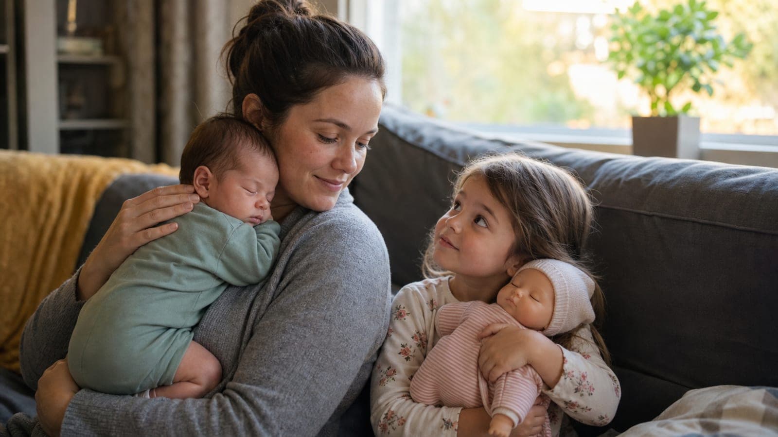 Preschooler holding her own baby doll against her shoulder in the same position her mother is holding the newborn, the copying that decides which big sister gifts land