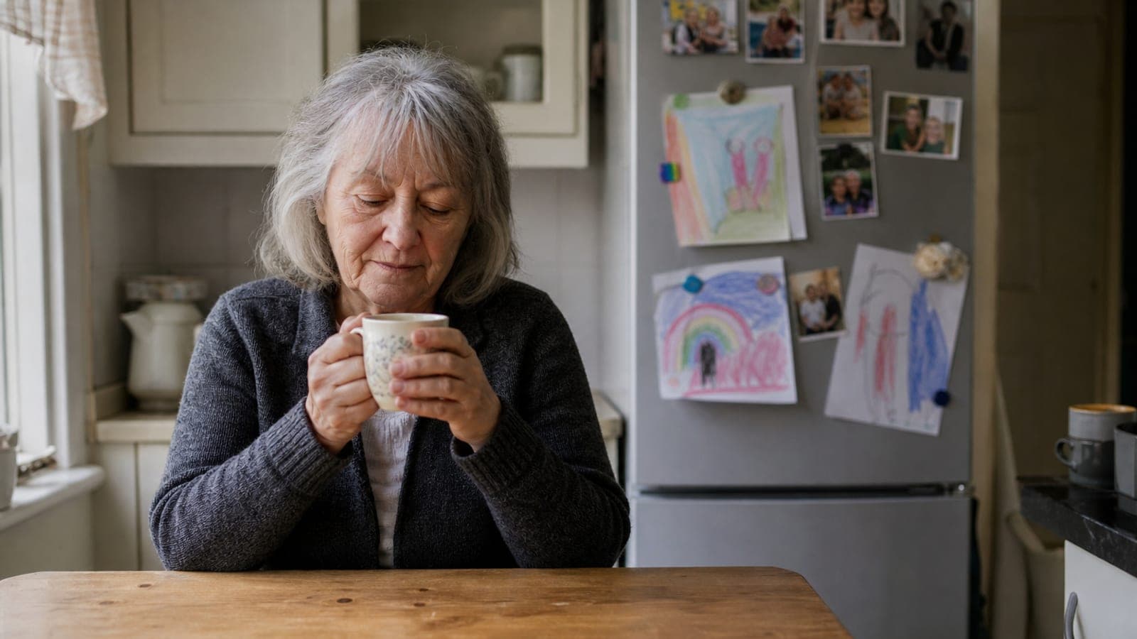 Woman in her sixties alone at her kitchen table with a mug, her grandchildren's crayon drawings and photographs magneted across the fridge behind her, the ordinary weekday a long distance grandparent is missing