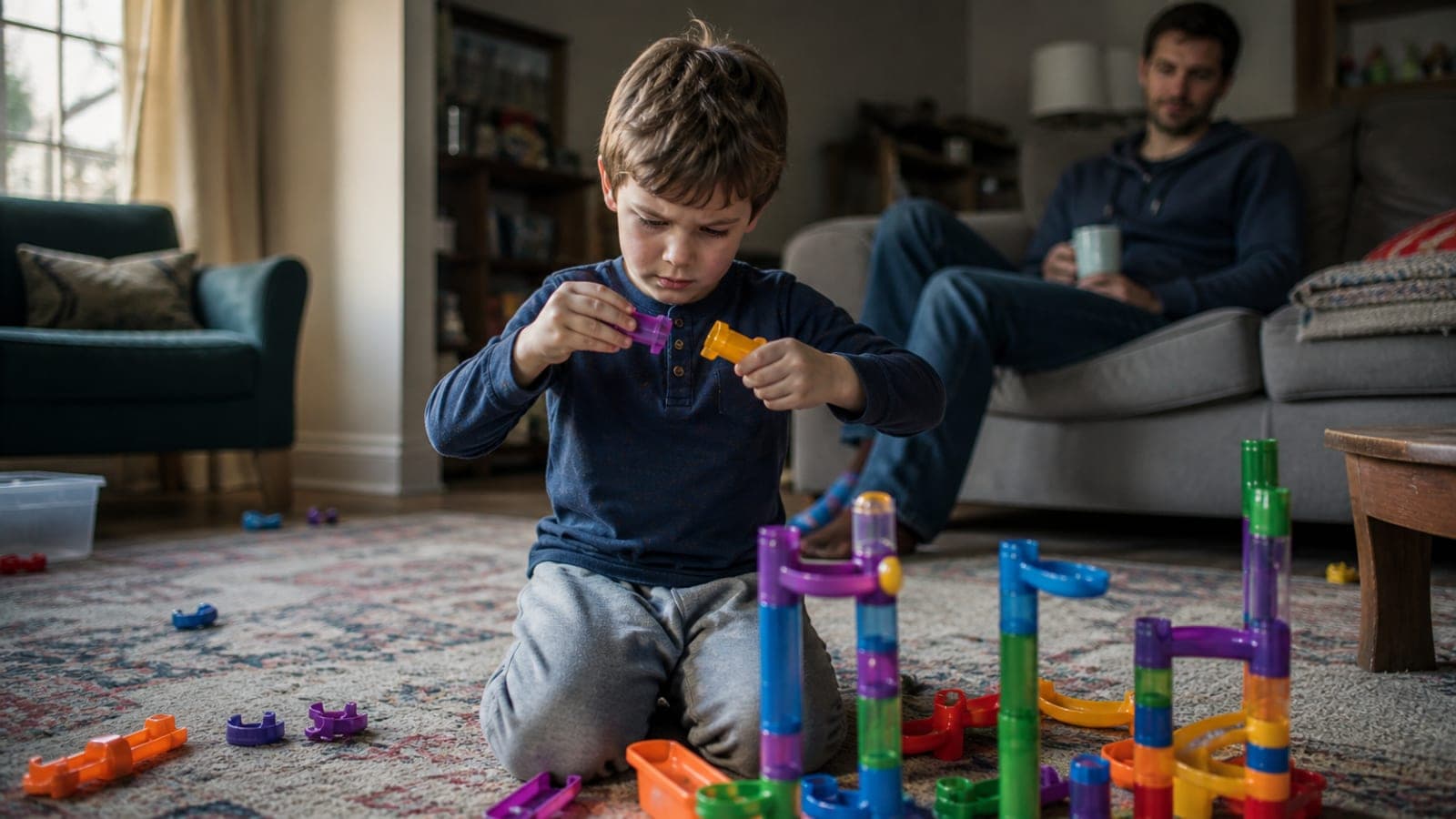 A boy of about six kneeling over a half-built marble run that has come apart, holding two pieces up to each other while an adult sits back on the sofa behind him without reaching in